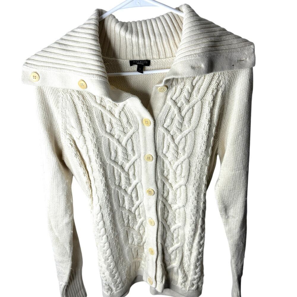 Talbots Cable-Knit Belted Cardigan Cream Shawl Collar Tie Waist Women Small - Picture 4 of 8